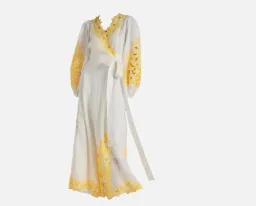 Zimmermann Golden Embroidered Midi Dress | White/Yellow, Wrap Style Size 3 /14 Anglaise, Dolman for rent on The Volte - image 7