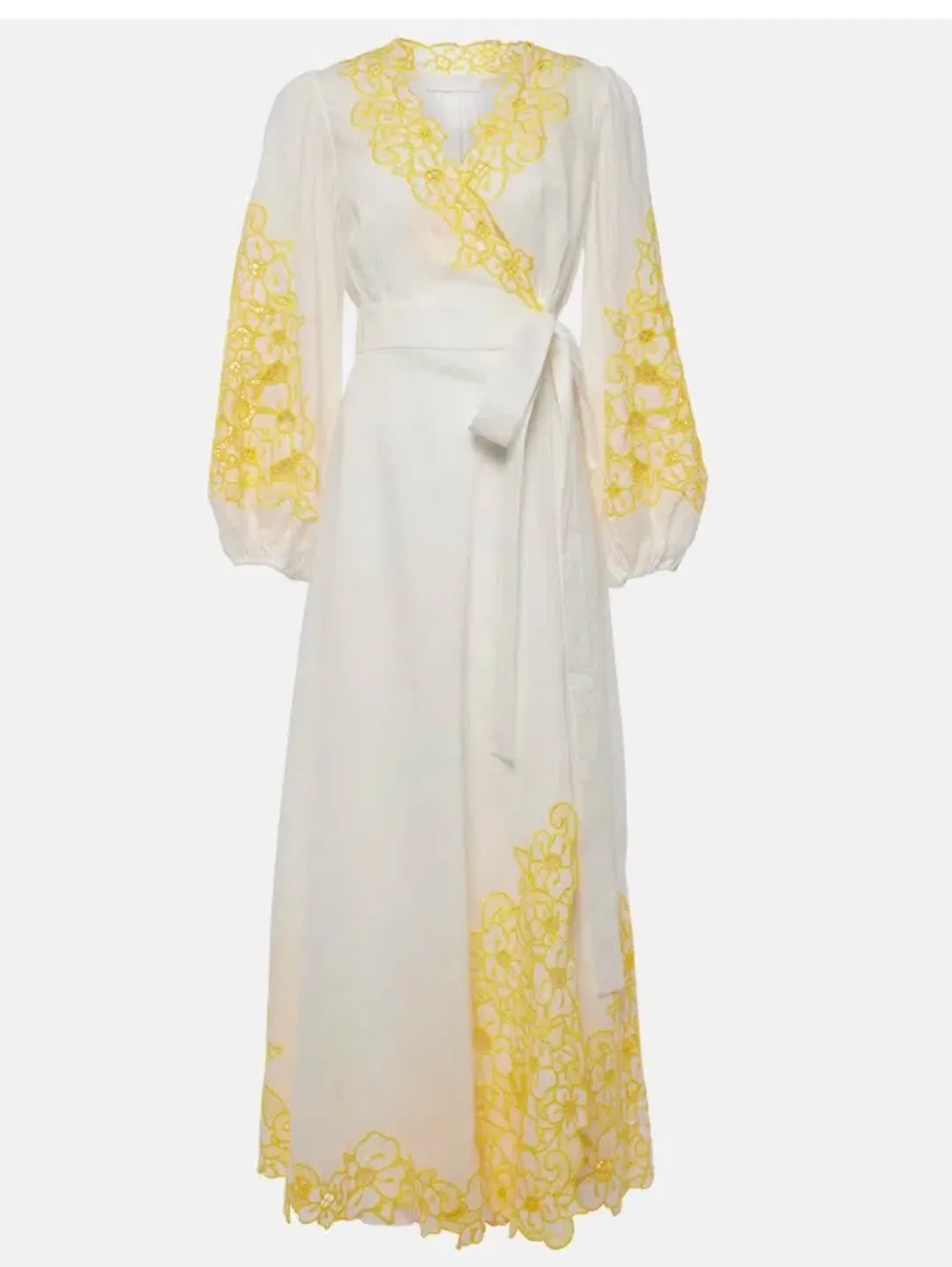 Zimmermann Golden Embroidered Midi Dress | White/Yellow, Wrap Style Size 3 /14 Anglaise, Dolman for rent on The Volte - main image