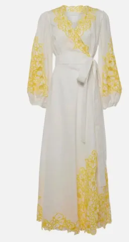 Zimmermann Golden Embroidered Midi Dress | White/Yellow, Wrap Style Size 3 /14 Anglaise, Dolman for rent on The Volte - image 4