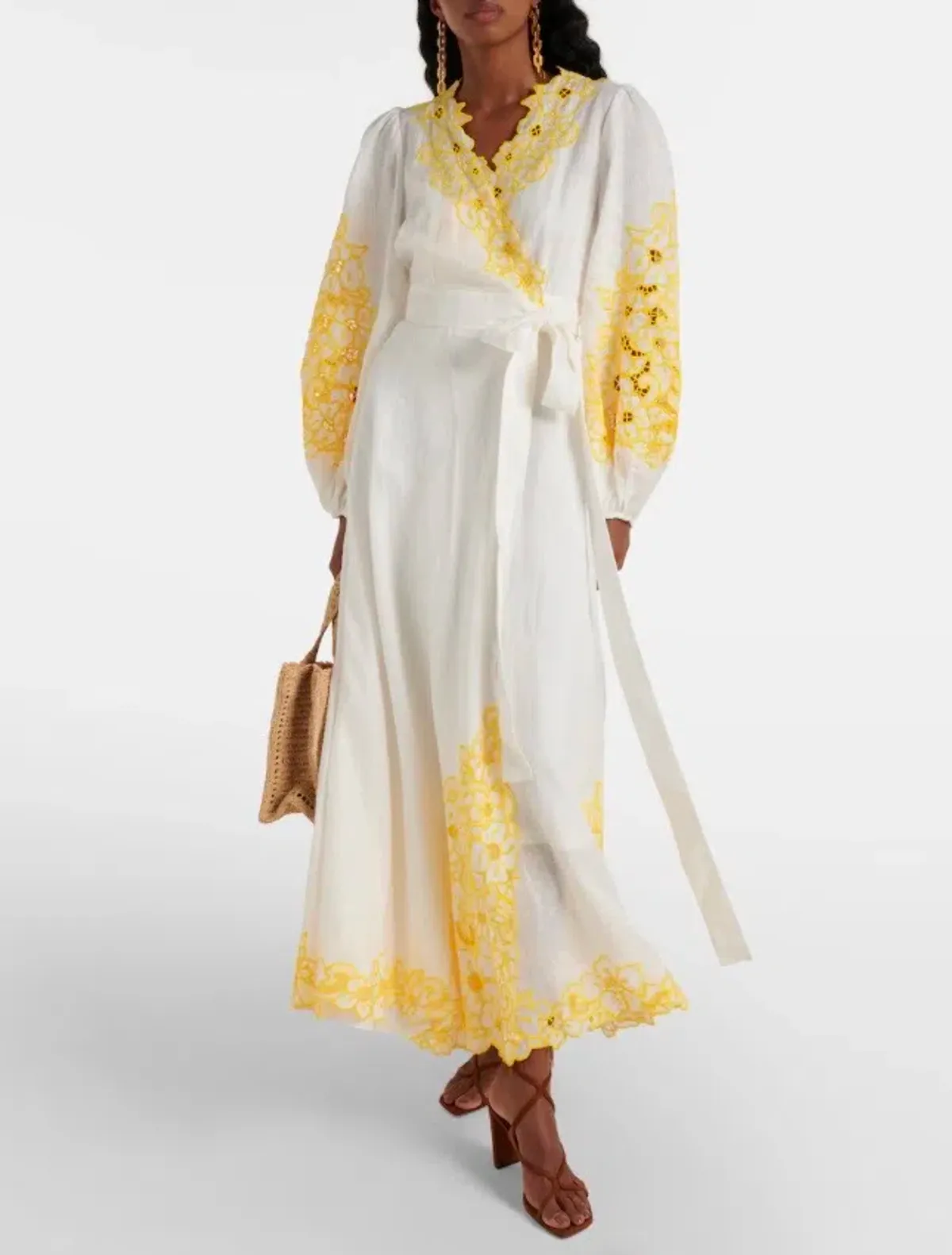 Zimmermann Golden Embroidered Midi Dress | White/Yellow, Wrap Style Size 3 /14 Anglaise, Dolman for rent on The Volte - main image