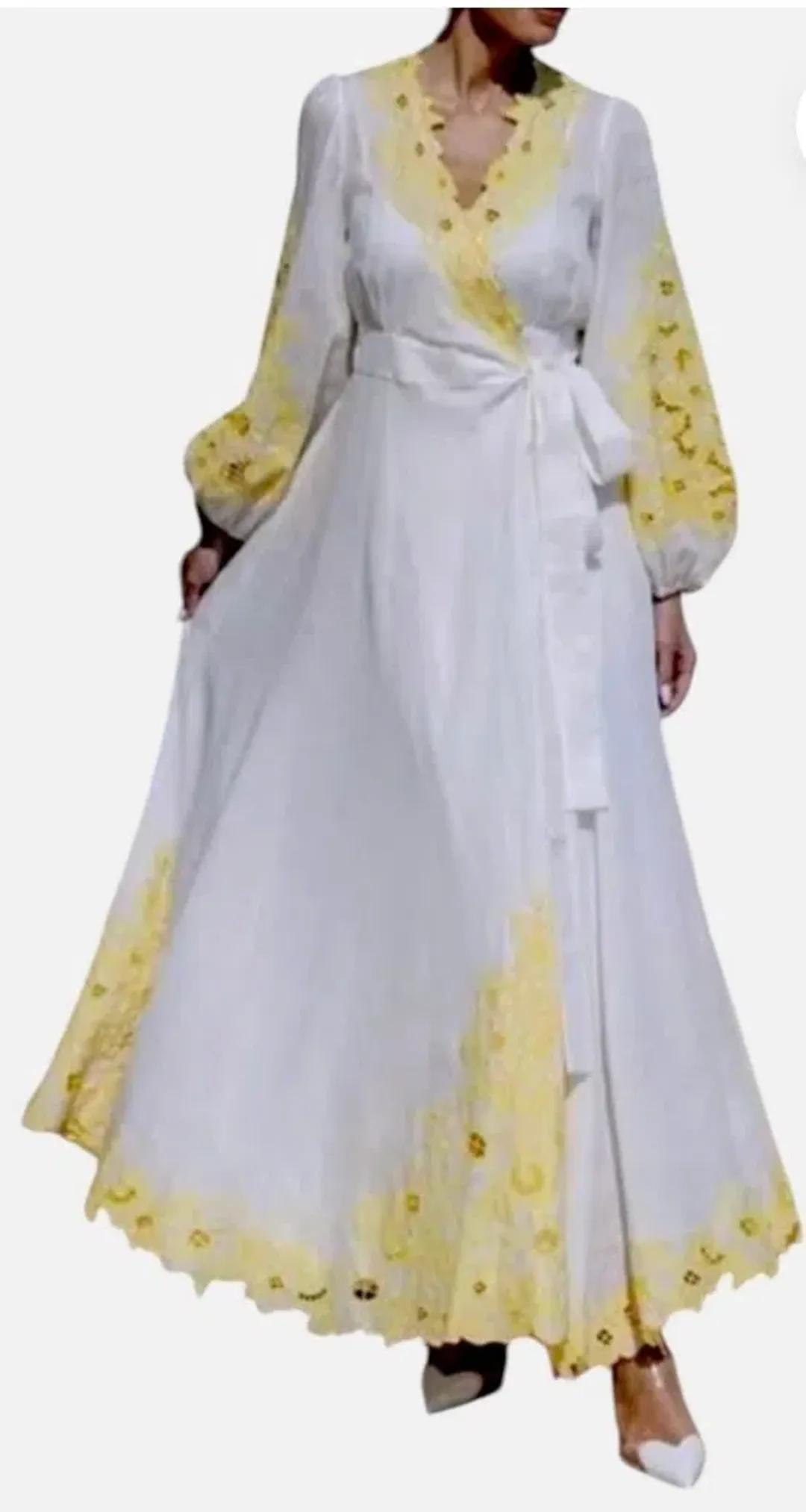Zimmermann Golden Embroidered Midi Dress | White/Yellow, Wrap Style Size 3 /14 Anglaise, Dolman for rent on The Volte - main image