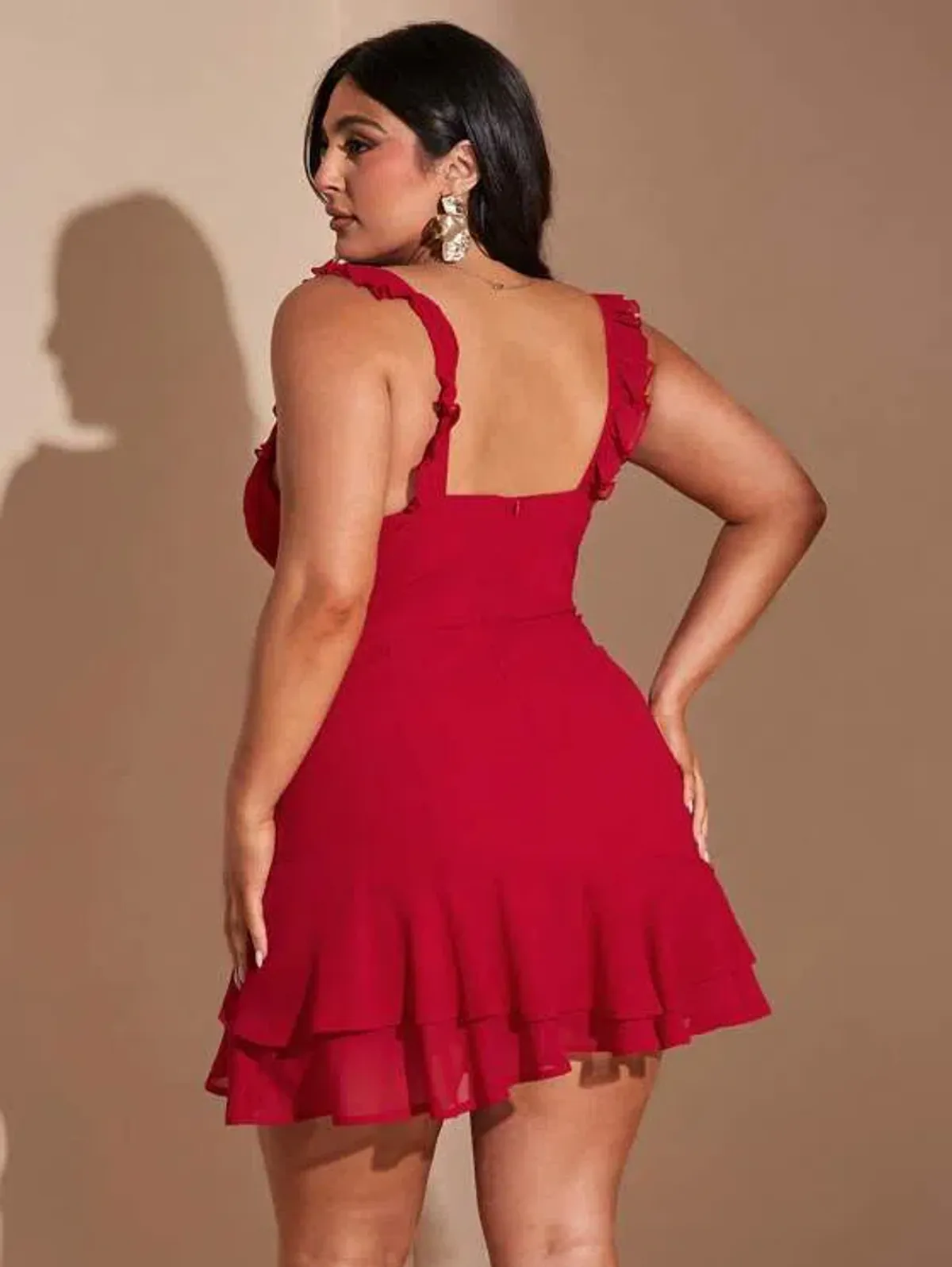 V-Neck Flounce Hem Red Mini Dress Size 20 - Image 2
