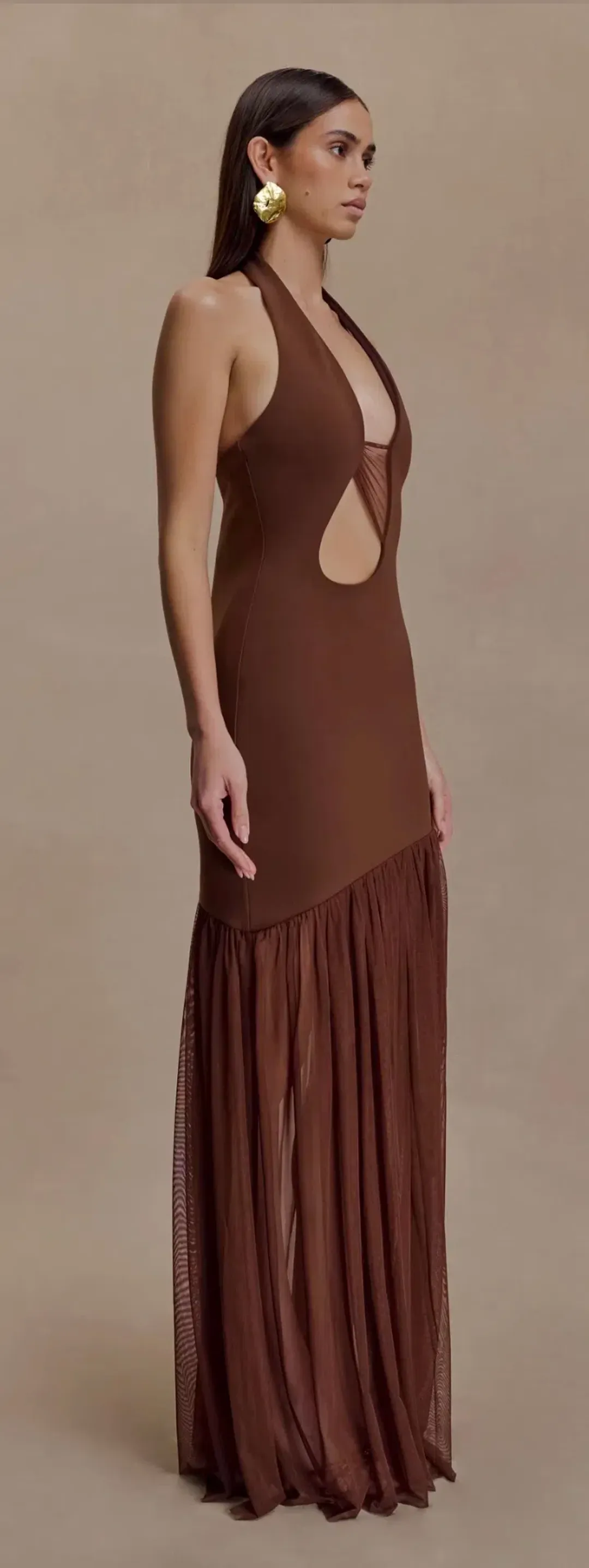 Meshki Aubree Crepe Mesh Maxi Dress - Chocolate for rent on The Volte - main image