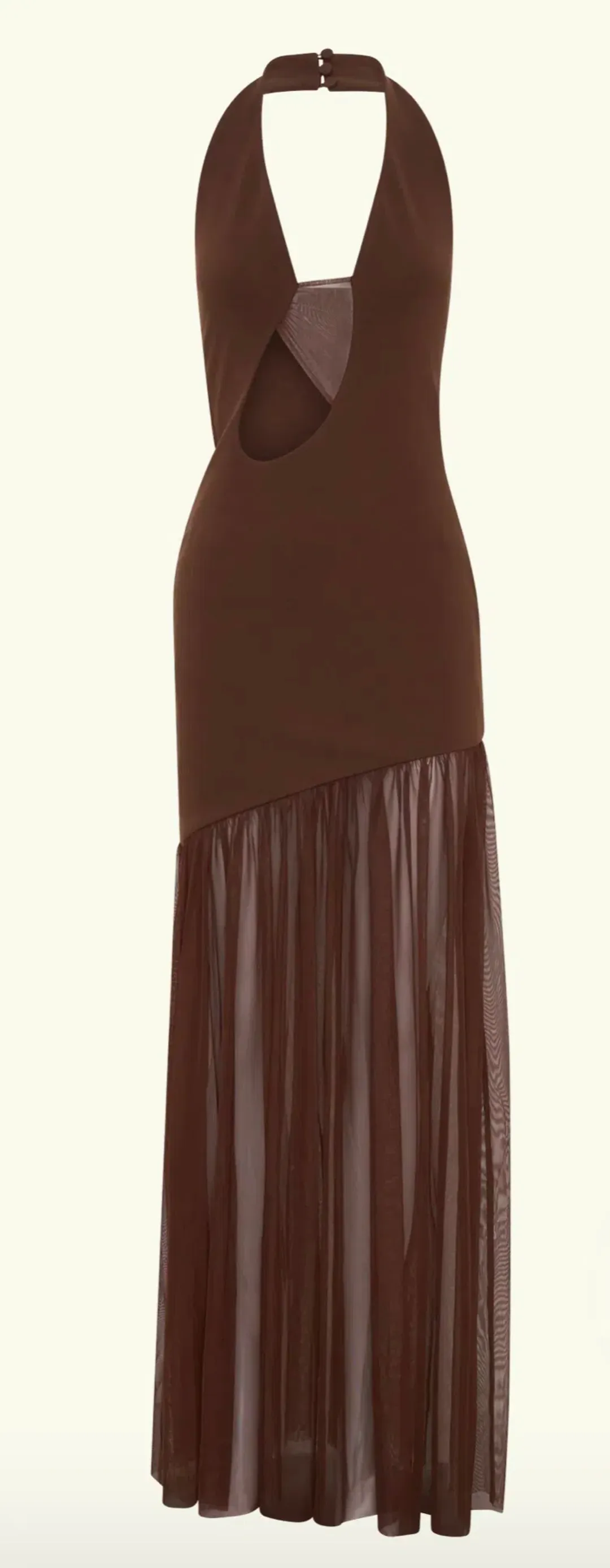 Meshki Aubree Crepe Mesh Maxi Dress - Chocolate for rent on The Volte - main image