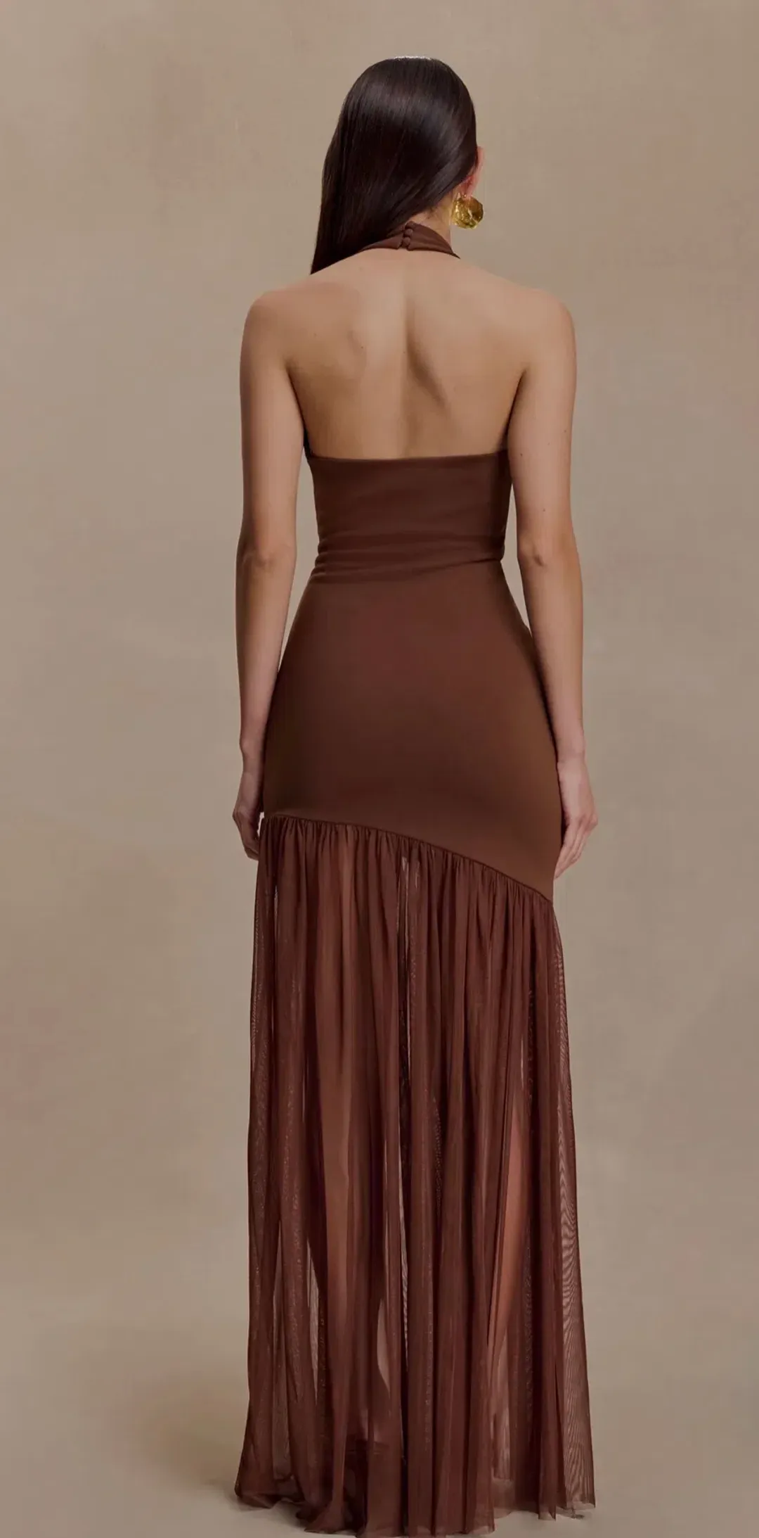 Meshki Aubree Crepe Mesh Maxi Dress - Chocolate for rent on The Volte - main image