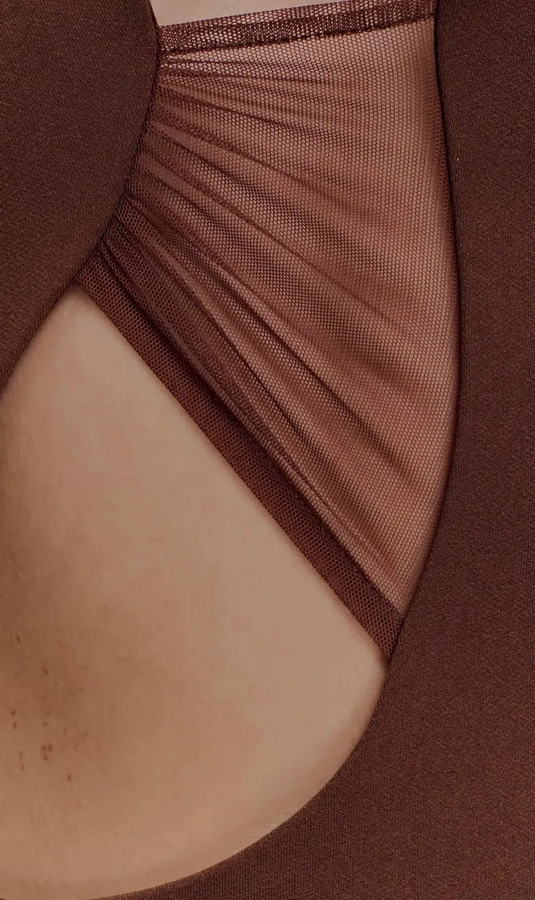 Meshki Aubree Crepe Mesh Maxi Dress - Chocolate for rent on The Volte - main image
