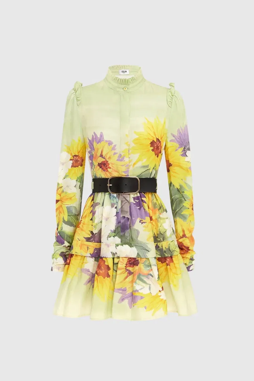 Leo Lin Christina High Neck Mini Dress - Sunflower Print in Green. Size 10 for rent on The Volte - main image