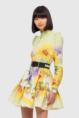 Leo Lin Christina High Neck Mini Dress - Sunflower Print in Green. Size 10 for rent on The Volte - image 1