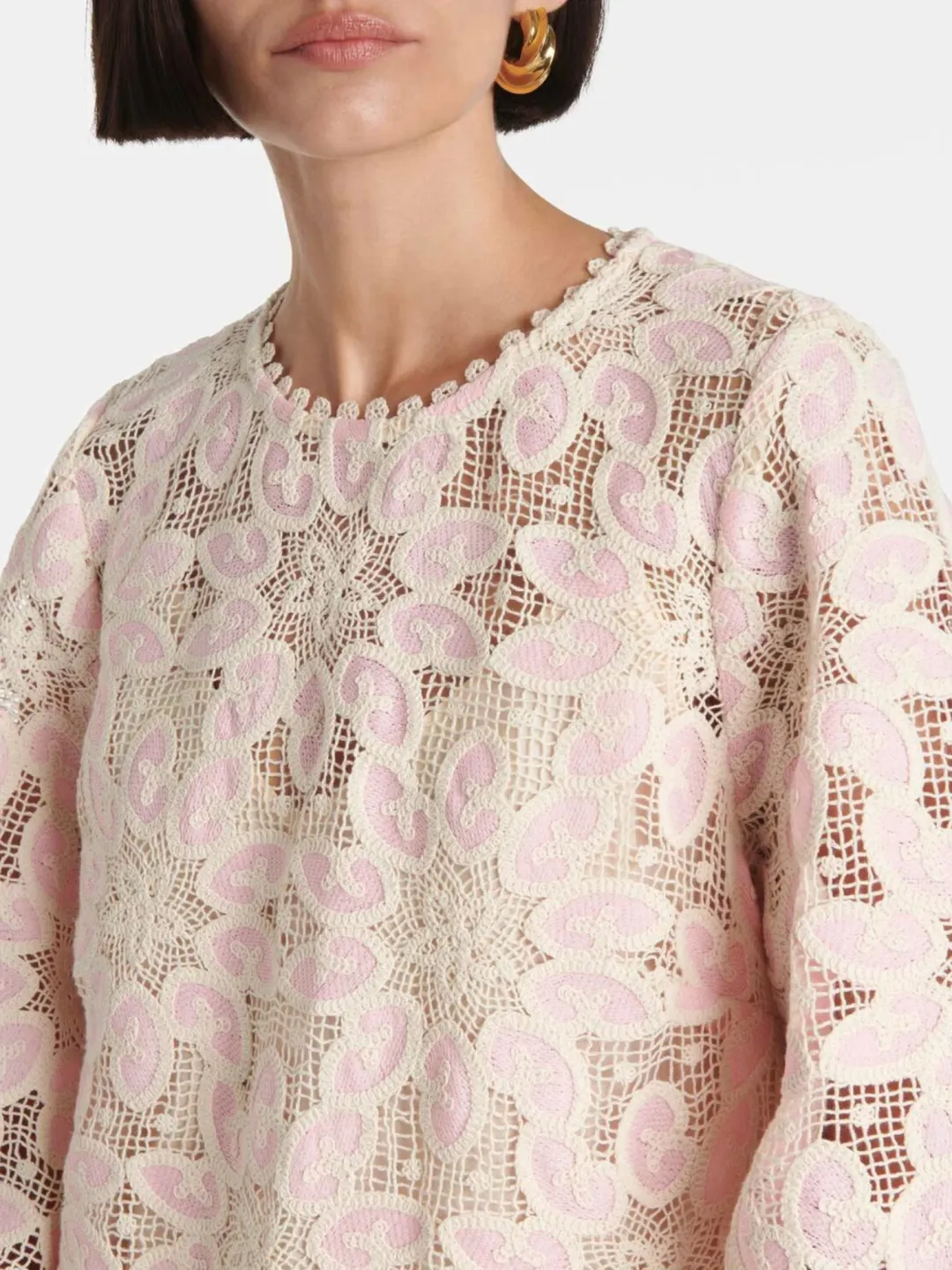 Zimmermann Ottie Baby Pink Lace Midi Dress Size 3 AU 14 / US 10 Scalloped Long Sleeve Cotton Shift for rent on The Volte - main image