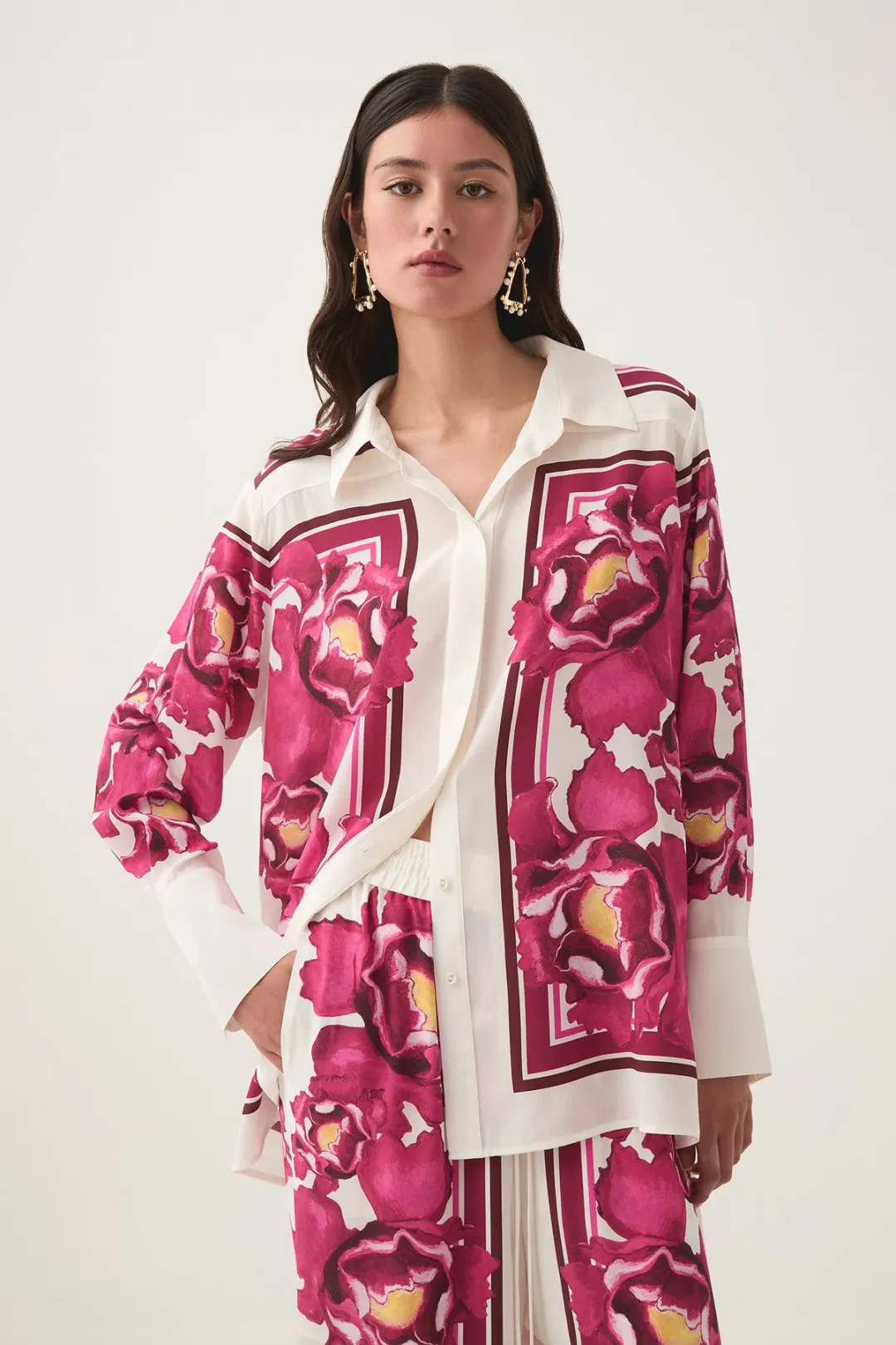 AJE ATOMIC SILK SHIRT AND RELAXED PANTS SET BOLDLY BLOOMING SIZE AU 10 & 12 for rent on The Volte - main image