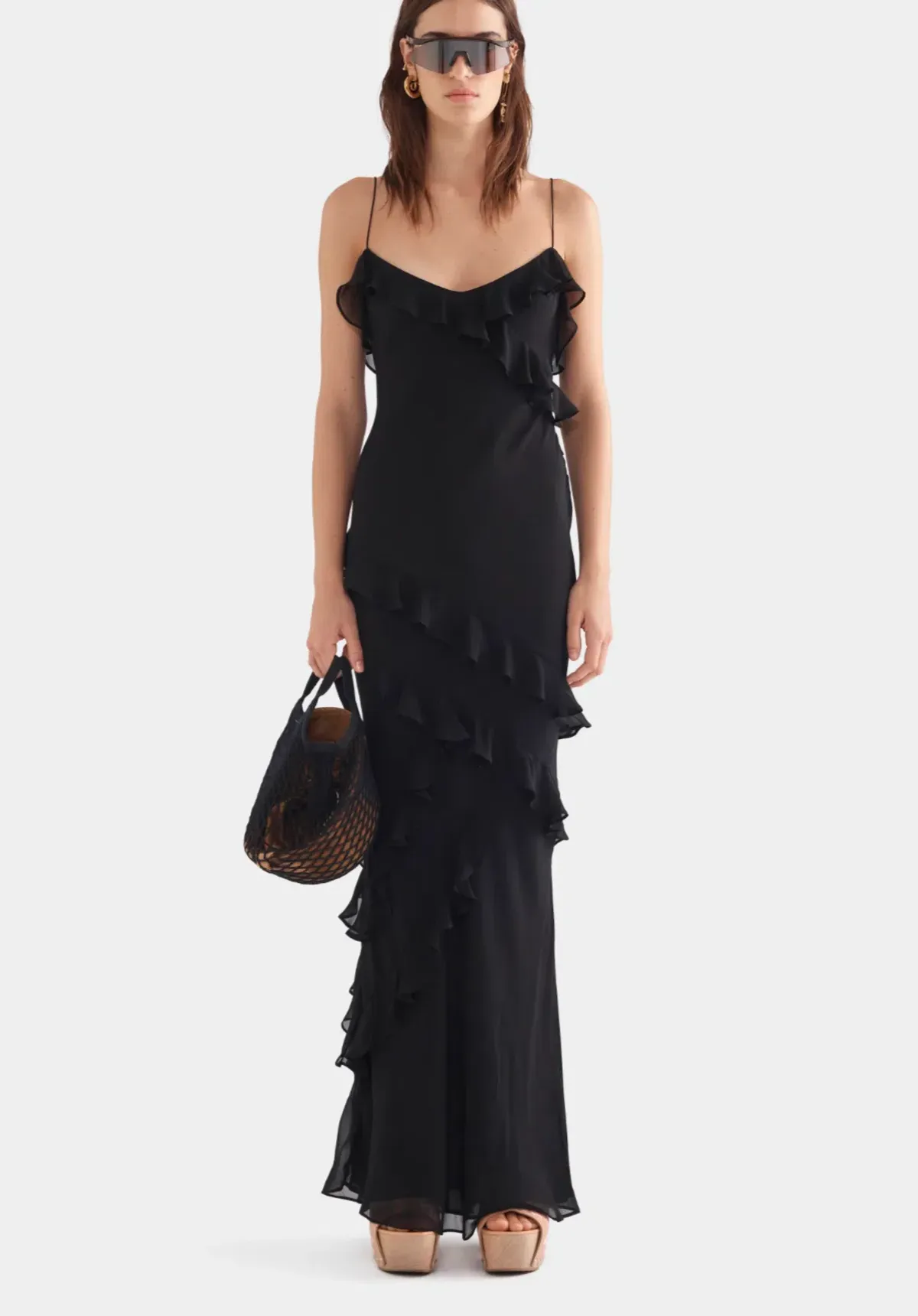 Venroy Silk Ruffle Slip Dress - Black XS / AU 6 - Image 1
