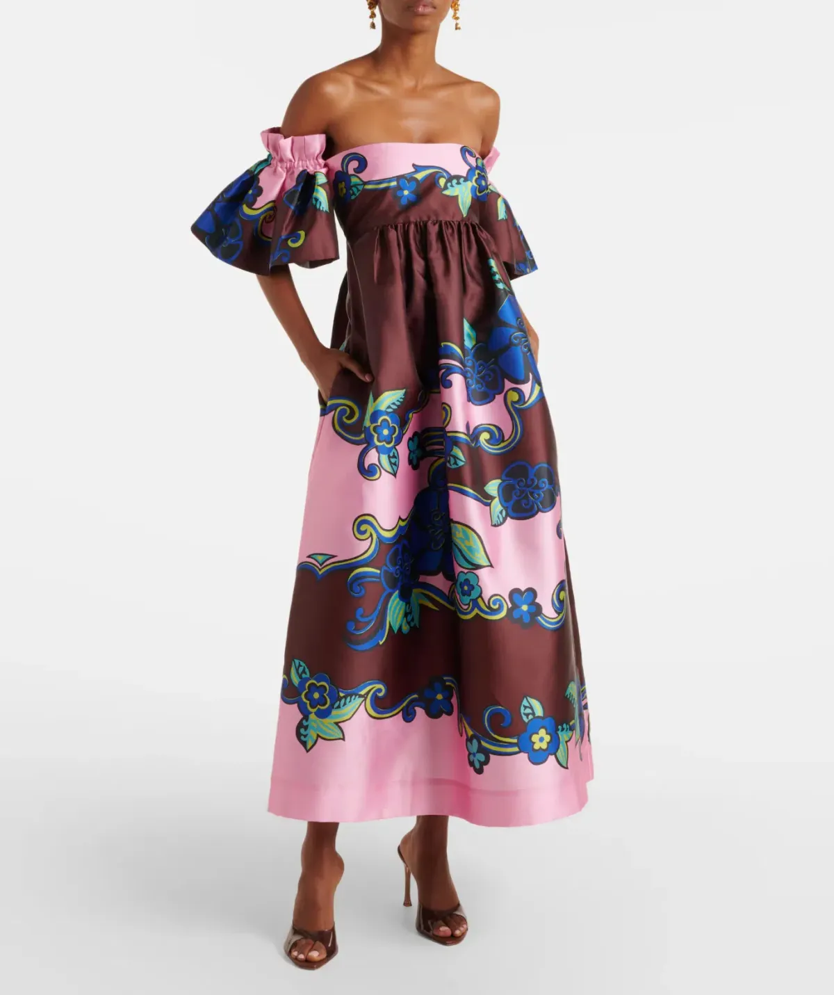 ALEMAIS AZALEA OFF-SHOULDER SATIN MIDI DRESS FLORAL SIZE AU 14 - Image 1
