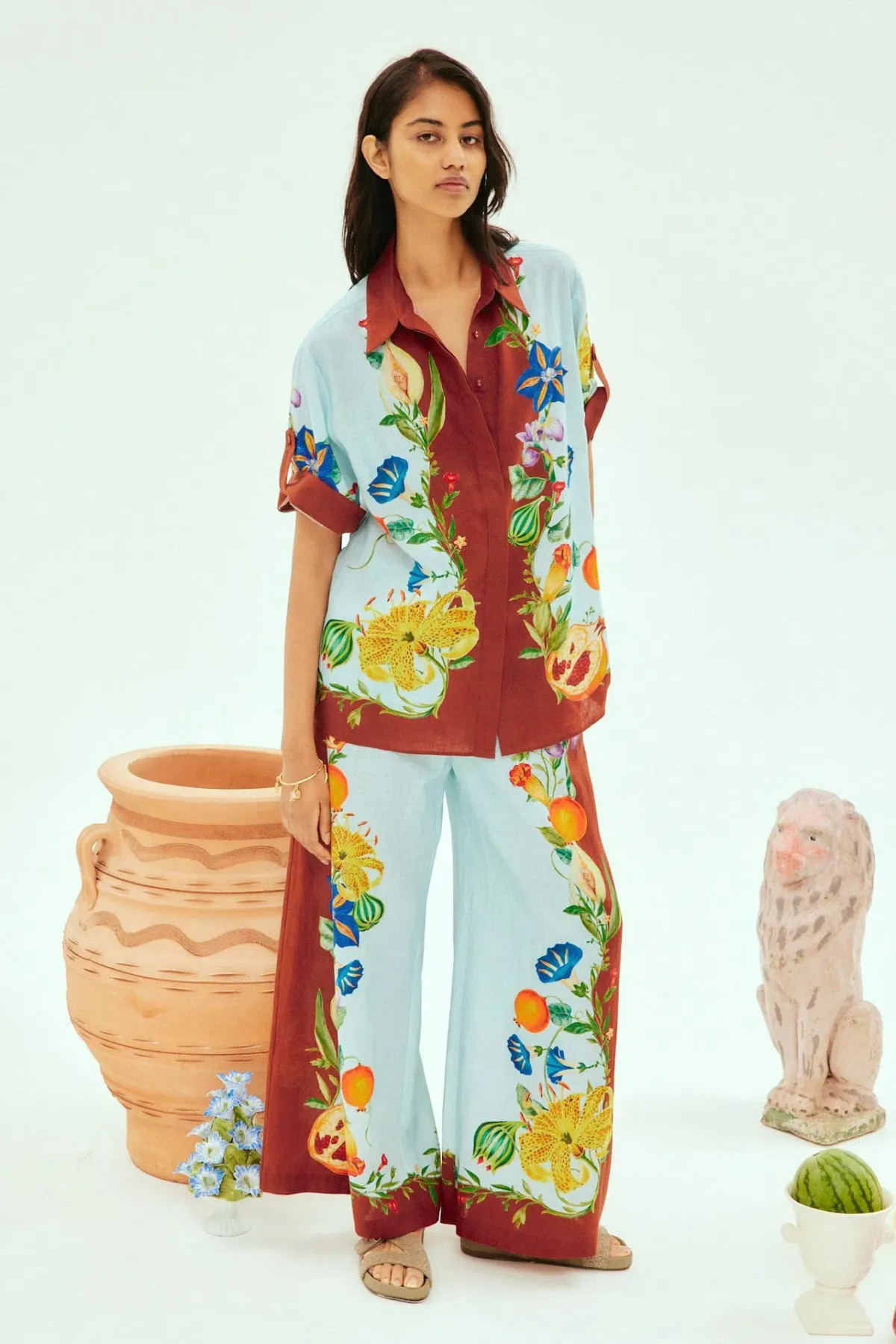 Alemais Dahlia Floral Linen Shirt and Pant Set Blue Multi Size 14 - Image 1