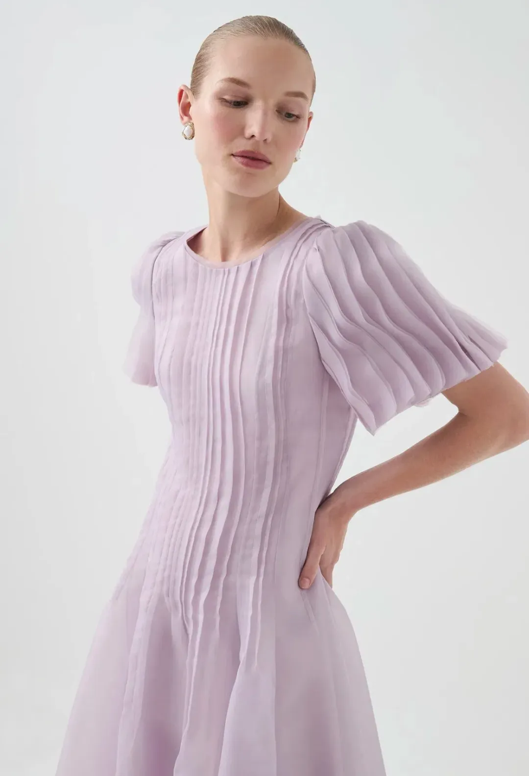AJE NOVA PLEATED MIDI DRESS LILAC SIZE 4 for rent on The Volte - main image