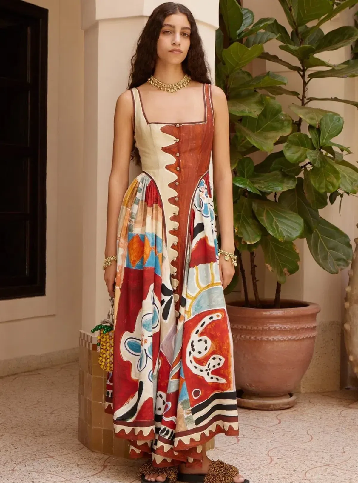 Alemais Michelle Square Neck Midi Dress Moroccan Red Print Size 12 - Image 1