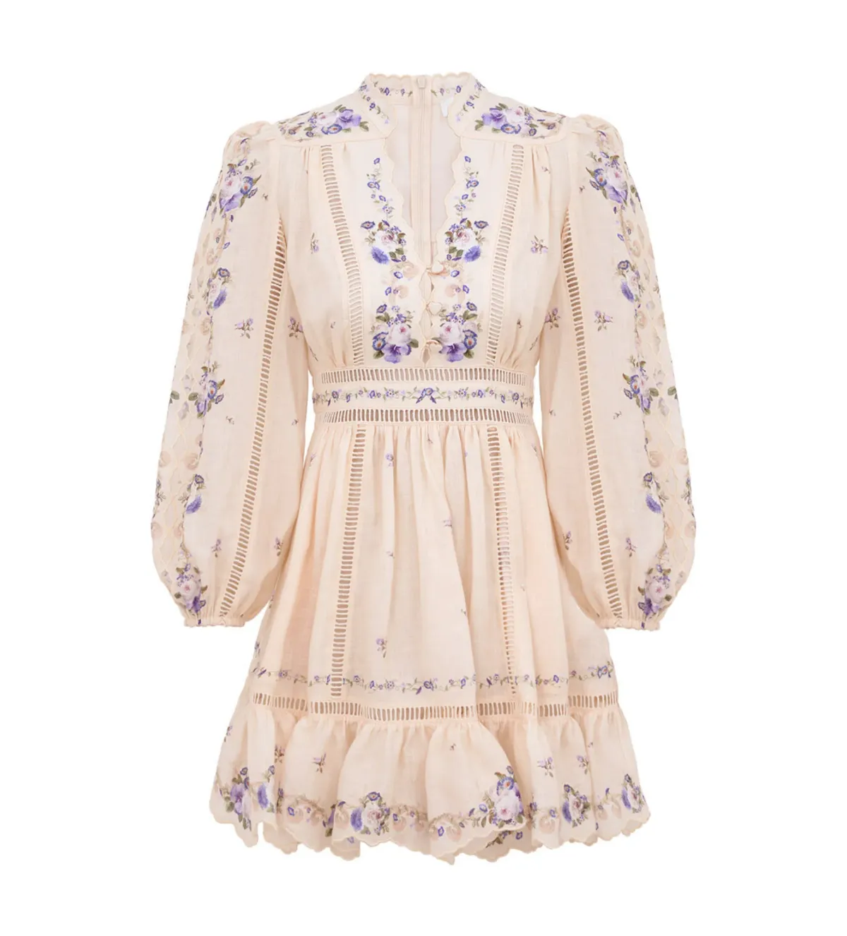 Zimmermann Patience Plunge Mini Dress Cream/Purple Rose Size 1 AU 10 - Image 2