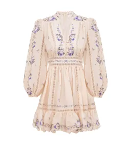 Zimmermann Patience Plunge Mini Dress Cream/Purple Rose Size 1 AU 10 for rent on The Volte - image 2
