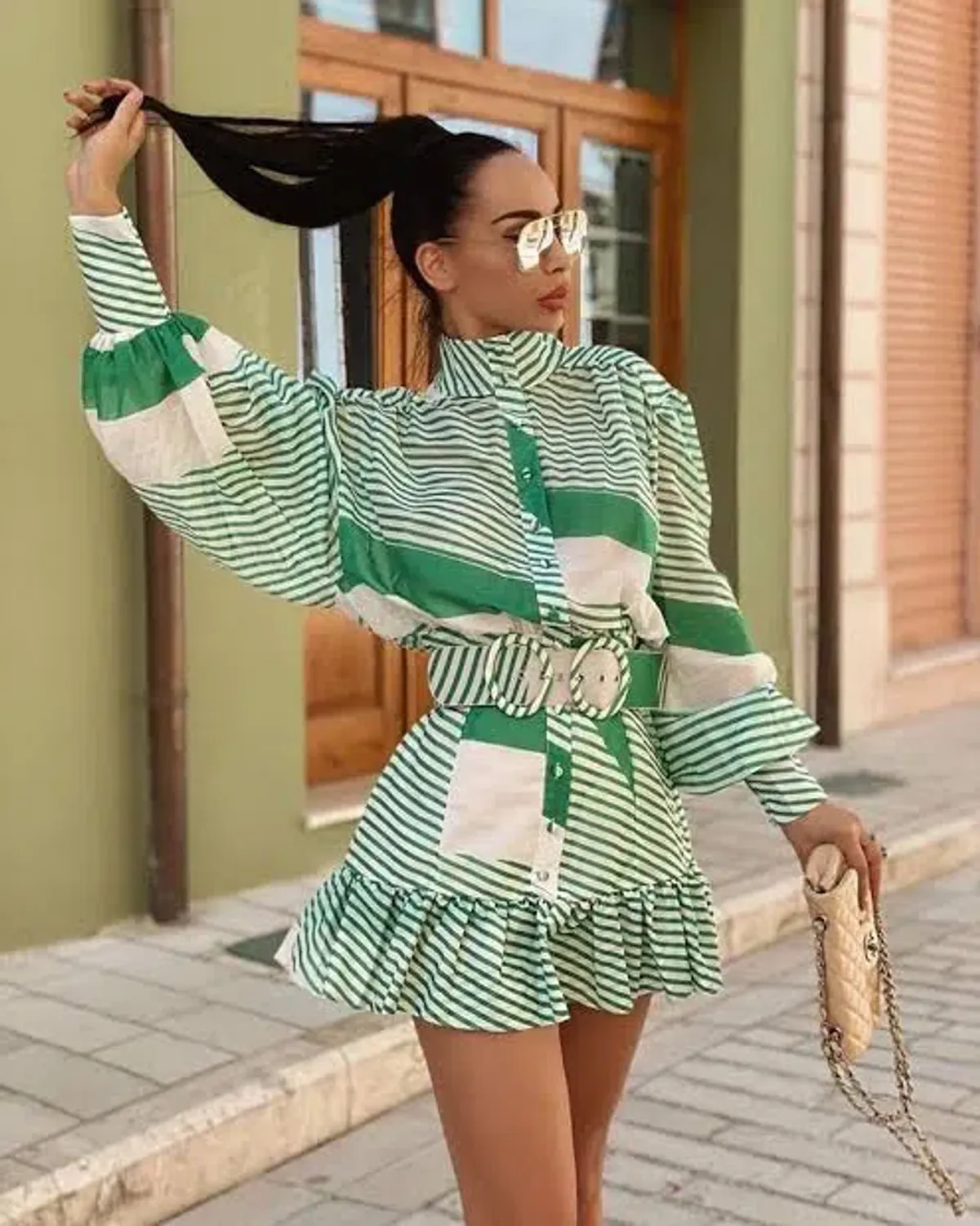Mackenzie Mode Seeing Stars Mini Dress Green Stripe 10 M Medium - Image 3