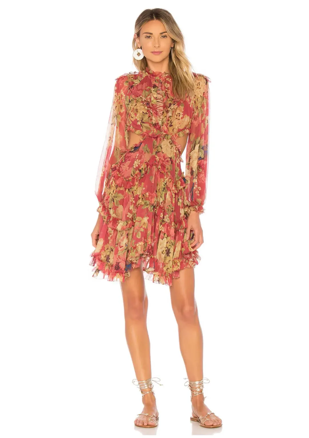 Zimmermann Melody Lace Up Short Dress Burgundy Floral Size 8 for rent on The Volte - main image