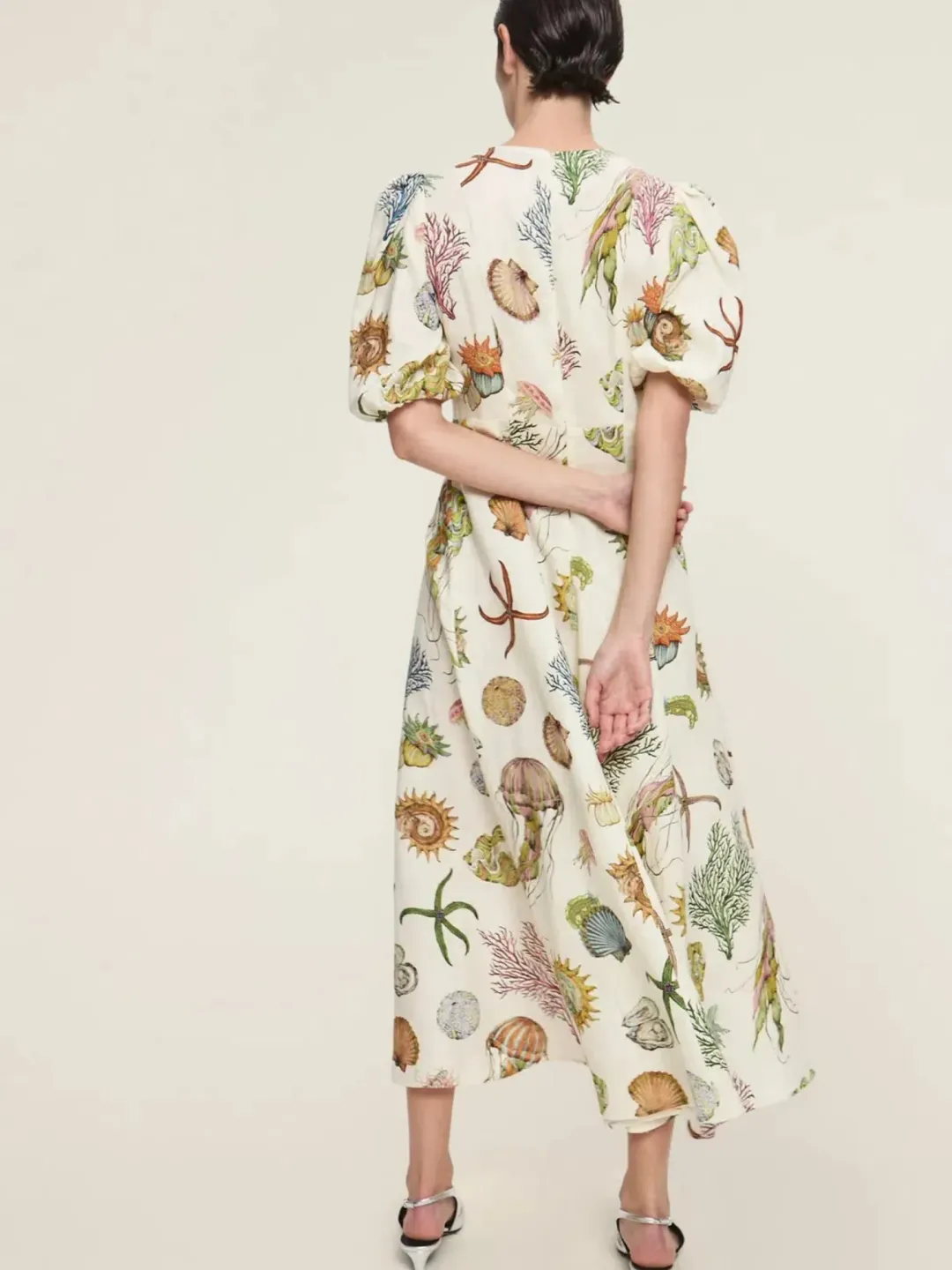 Alemais Sea Print Midi Dress Size 14 Linen Puff Sleeve Aline for rent on The Volte - main image