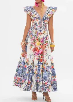 Camilla Tiered Dress with Neck Frill in Dutch Is Life Print Size XL AU 16 for rent on The Volte - image 1