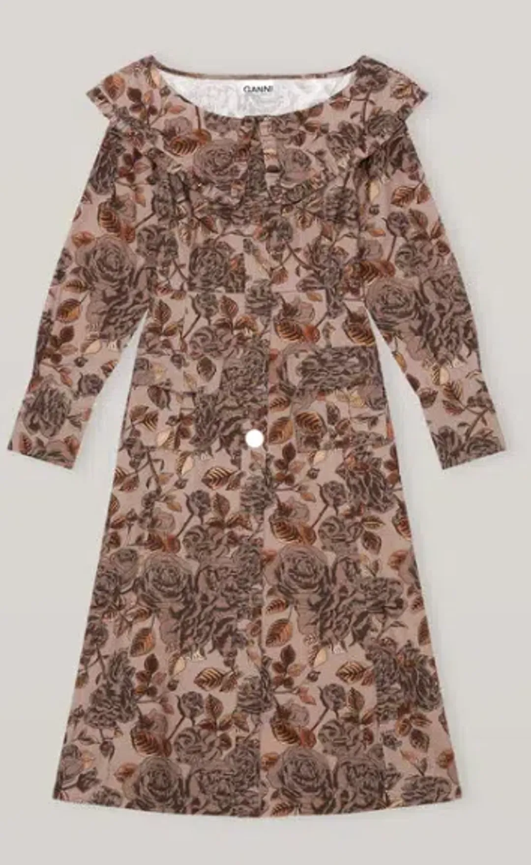 GANNI Ruffle Mushroom brown floral organic cotton poplin button dress - Size 38 (10) for rent on The Volte - main image