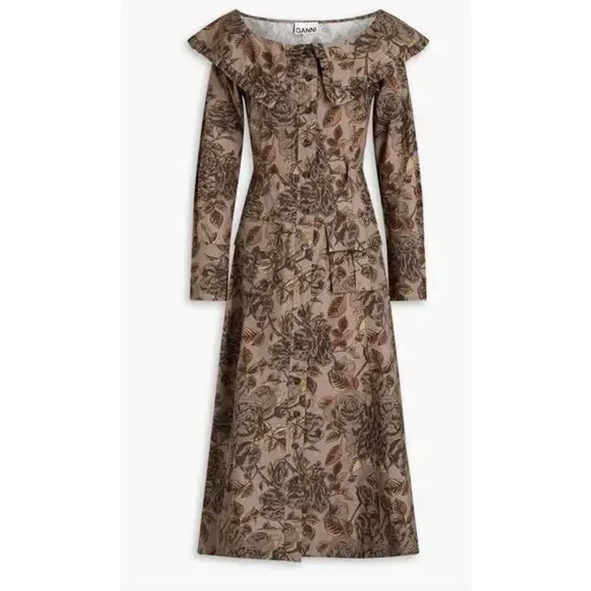 GANNI Ruffle Mushroom brown floral organic cotton poplin button dress - Size 38 (10) for rent on The Volte - main image