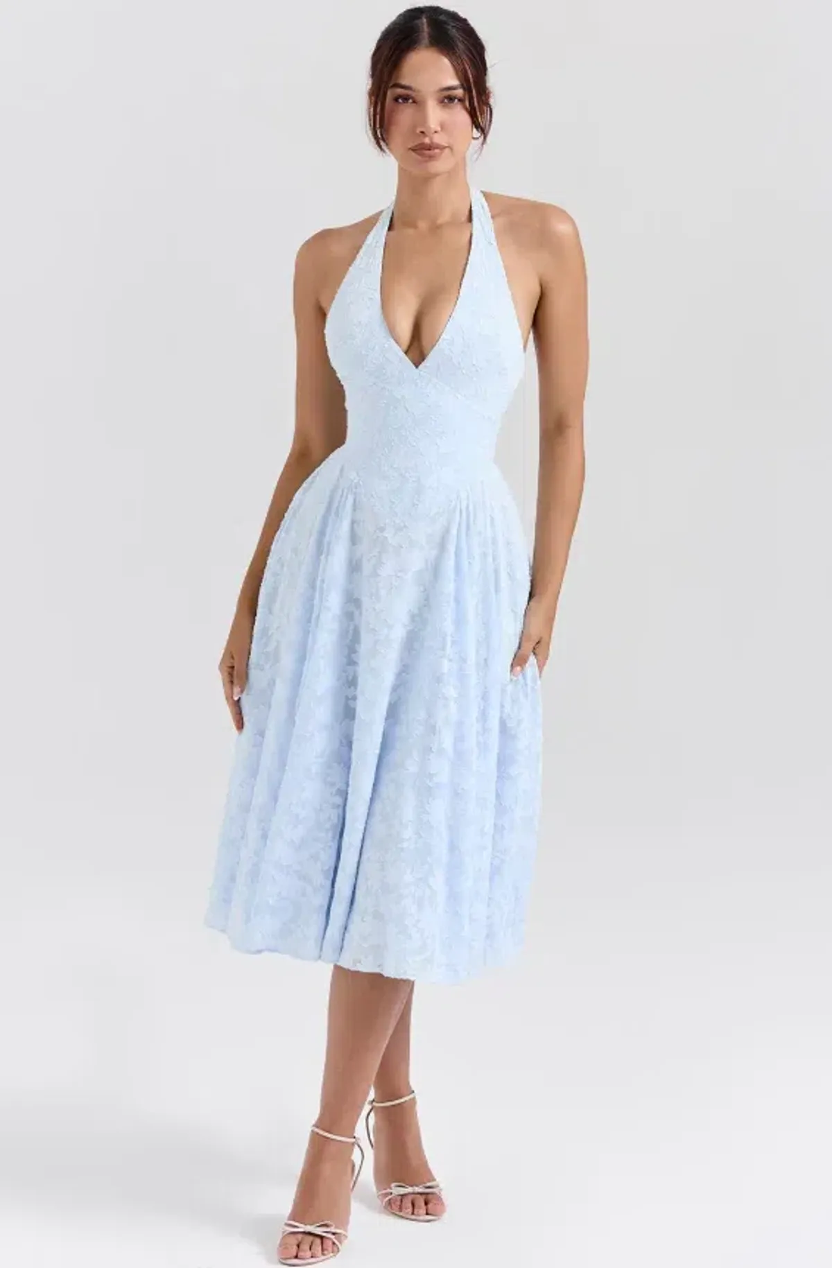 HOUSE OF CB Arietta Bluebell Floral Jacquard Halter Midi Dress Size L+/14 - Image 1