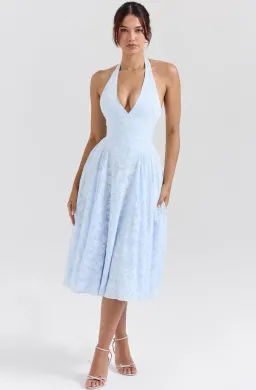 HOUSE OF CB Arietta Bluebell Floral Jacquard Halter Midi Dress Size L+/14 for rent on The Volte - image 1