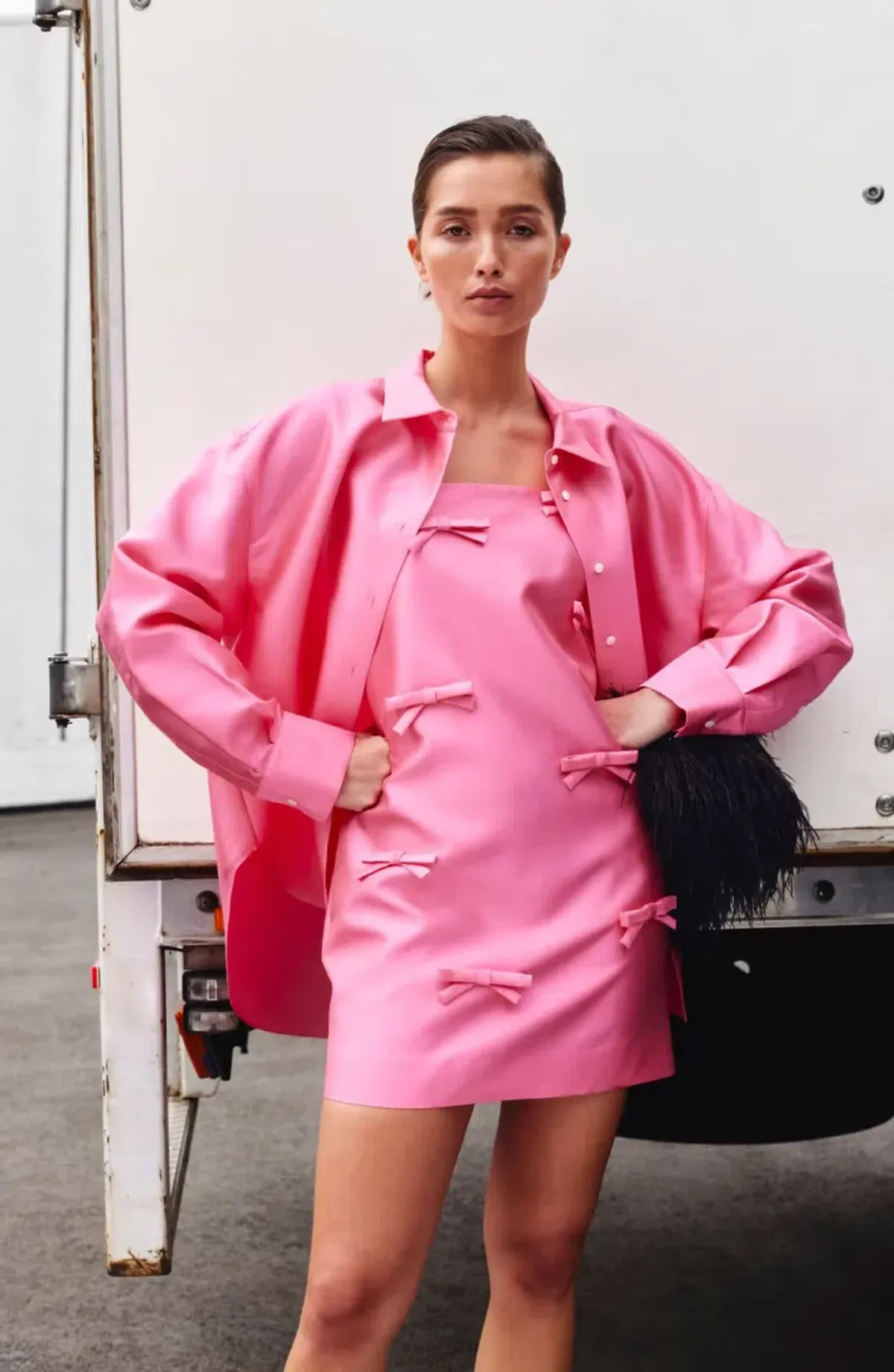 OROTON Satin Bow Mini Dress Candy Pink Size 8 AU - Image 6