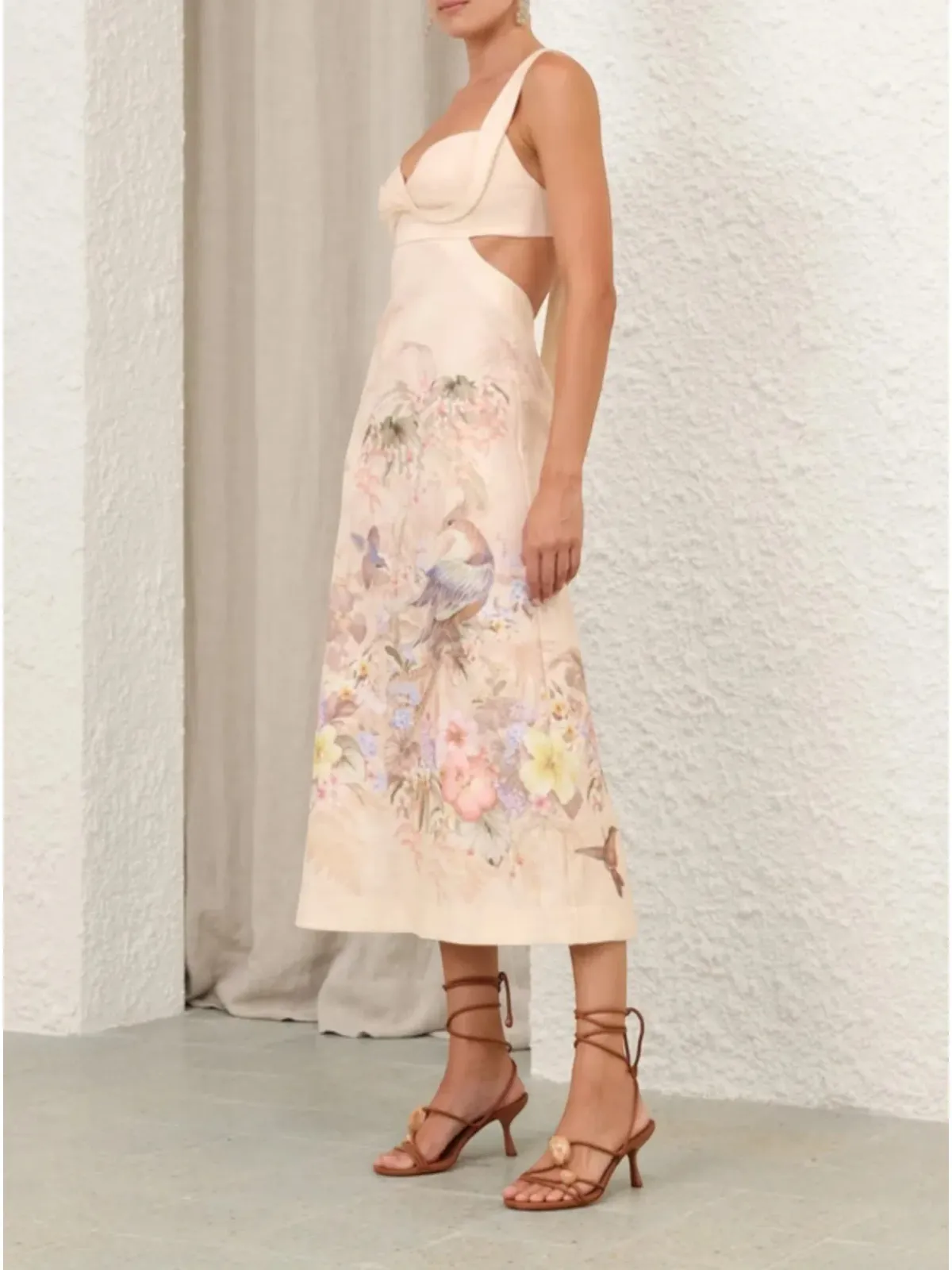 Zimmermann Illuminate Midi Dress Size 3 / AU 14 Linen Floral Print Cut Out Back Bodice Dress - Image 5