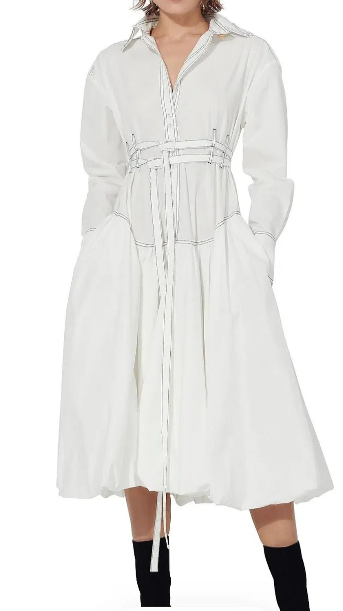Aje Cassia Bubble White Midi Dress s.12 Hem Shirt Long Sleeve Cotton for rent on The Volte - main image