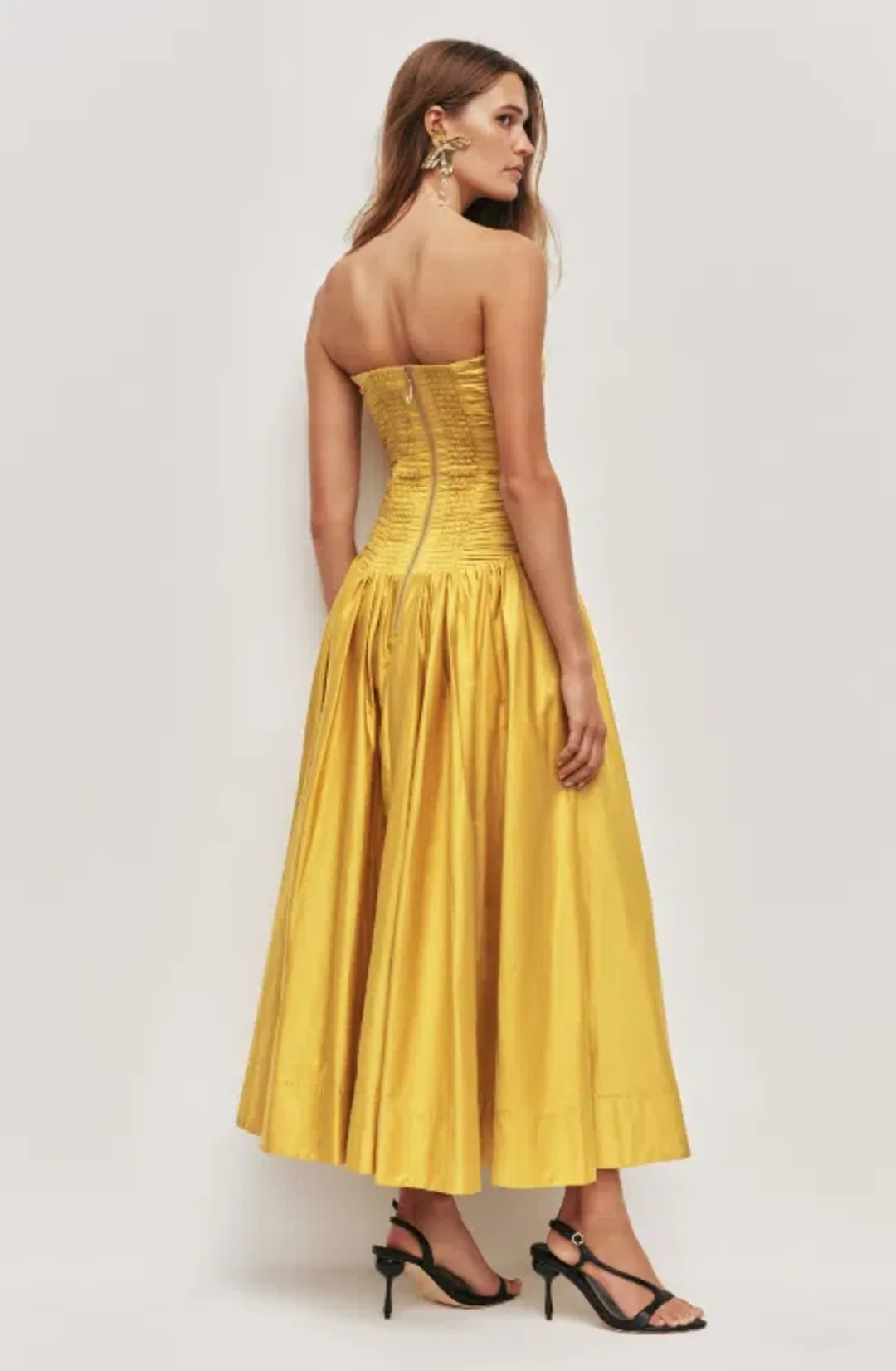 AJE Marigold Chartreuse Strapless Ruched Midi Dress SZ 14 (also fits 12) for rent on The Volte - main image
