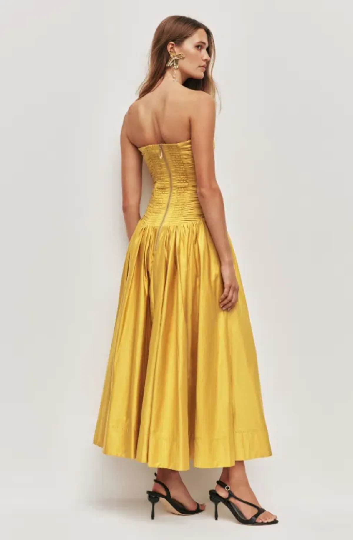 AJE Marigold Chartreuse Strapless Ruched Midi Dress SZ 14 (also fits 12) - Image 3
