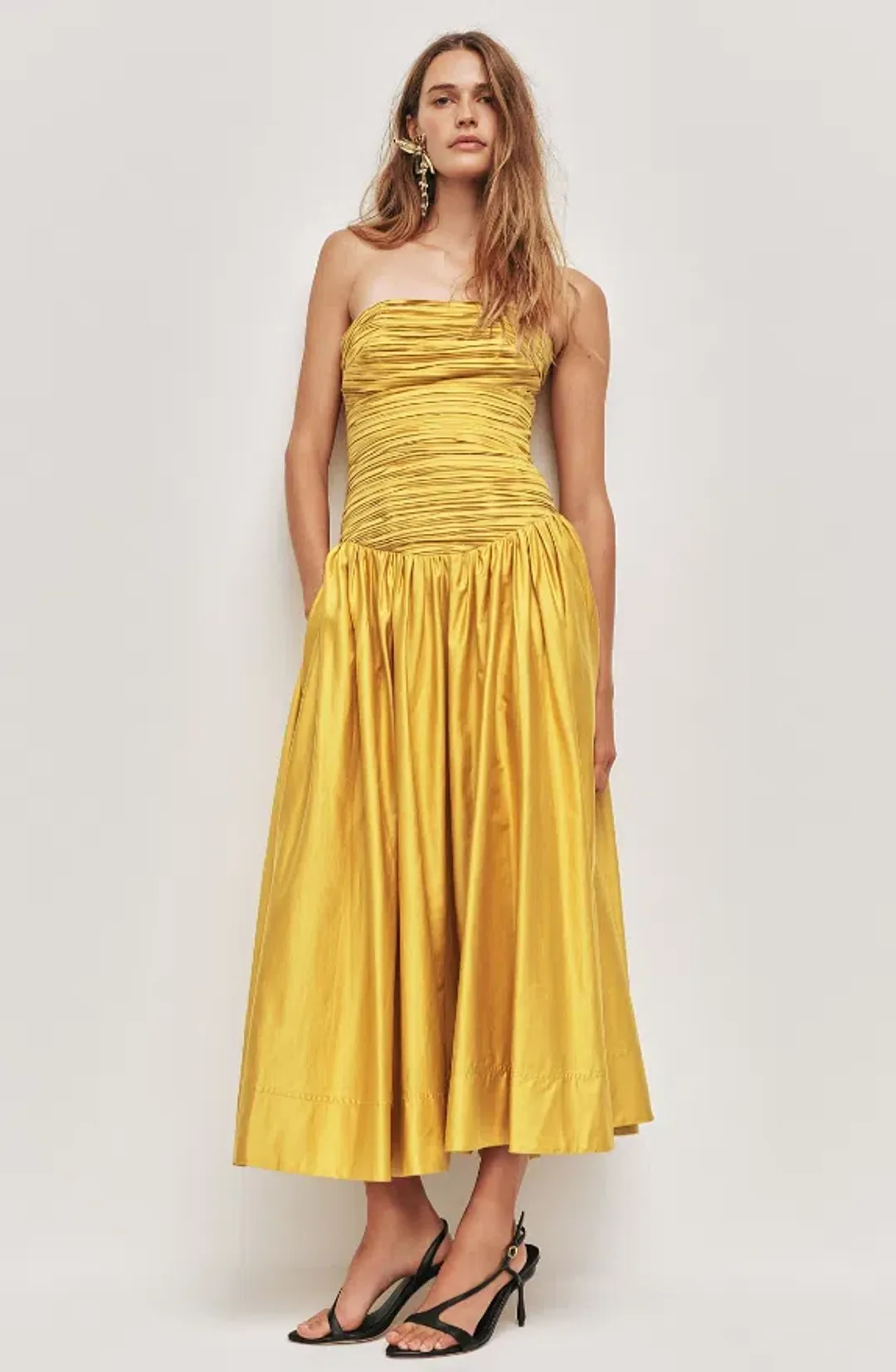 AJE Marigold Chartreuse Strapless Ruched Midi Dress SZ 14 (also fits 12) for rent on The Volte - main image
