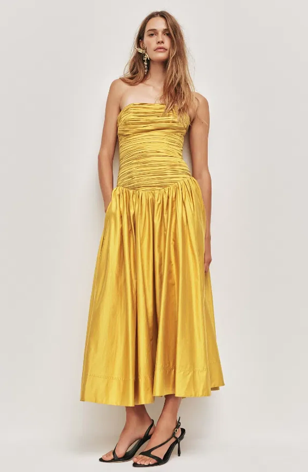 AJE Marigold Chartreuse Strapless Ruched Midi Dress SZ 14 (also fits 12) for rent on The Volte - main image