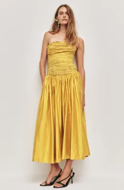 AJE Marigold Chartreuse Strapless Ruched Midi Dress SZ 14 (also fits 12) for rent on The Volte - image 1