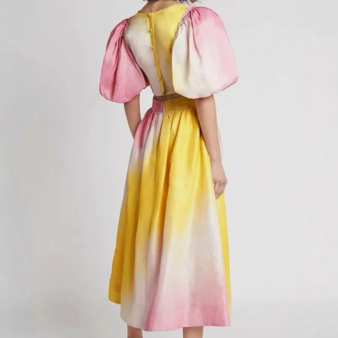 AJE Cloud Burst Cropped Top & Midi Skirt Set Ombre Pink & Yellow SZ 8 for rent on The Volte - main image