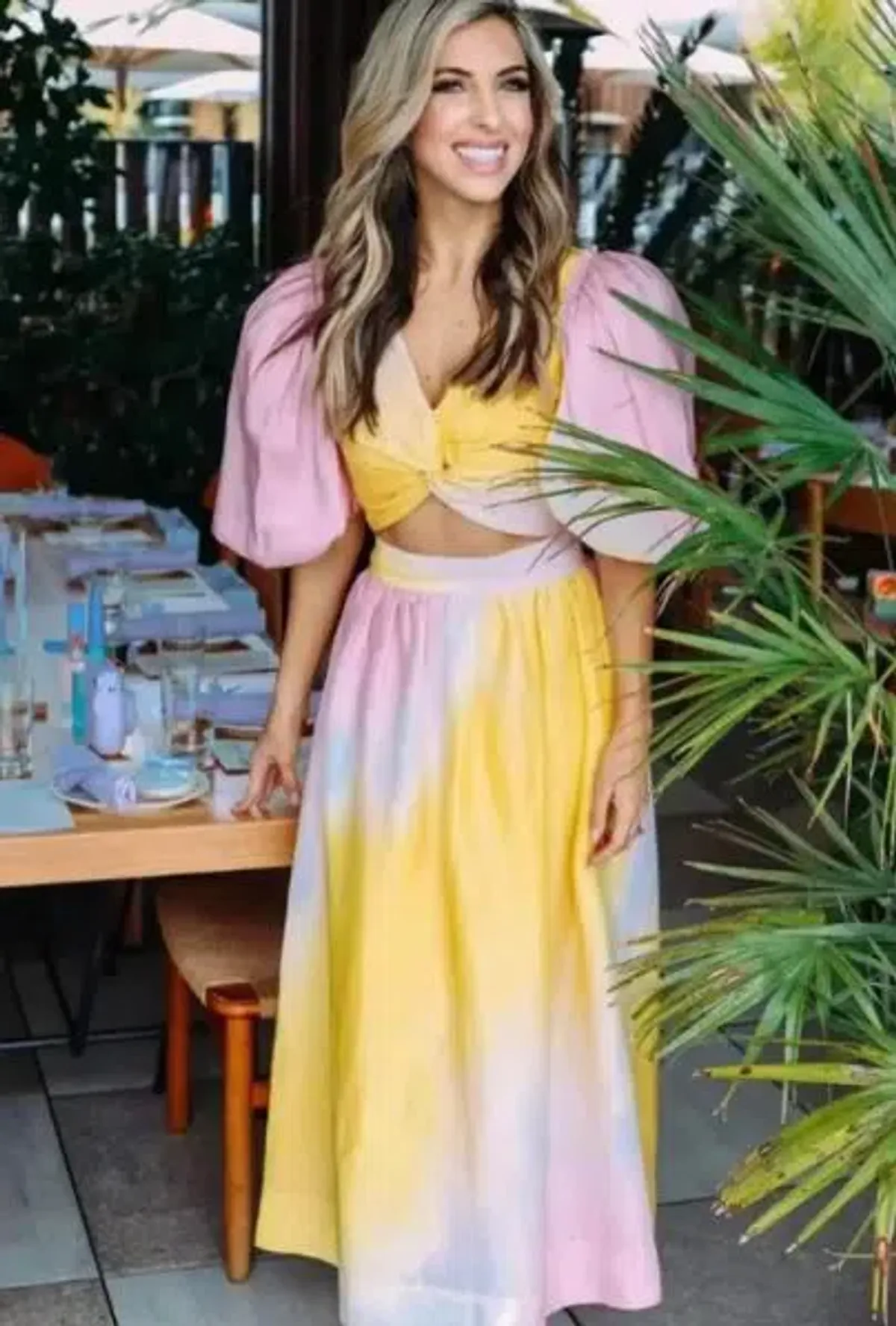 AJE Cloud Burst Cropped Top & Midi Skirt Set Ombre Pink & Yellow SZ 8 for rent on The Volte - main image