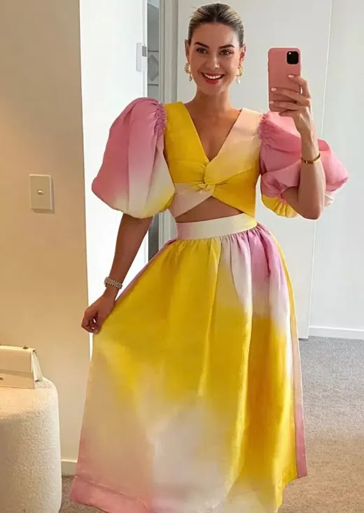 AJE Cloud Burst Cropped Top & Midi Skirt Set Ombre Pink & Yellow SZ 8 - Image 4