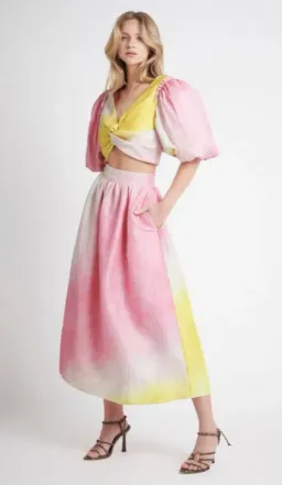 AJE Cloud Burst Cropped Top & Midi Skirt Set Ombre Pink & Yellow SZ 8 for rent on The Volte - image 6