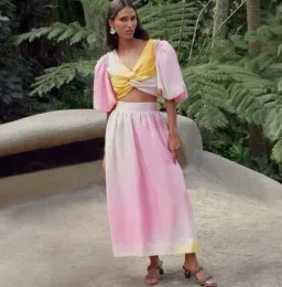 AJE Cloud Burst Cropped Top & Midi Skirt Set Ombre Pink & Yellow SZ 8 for rent on The Volte - image 5