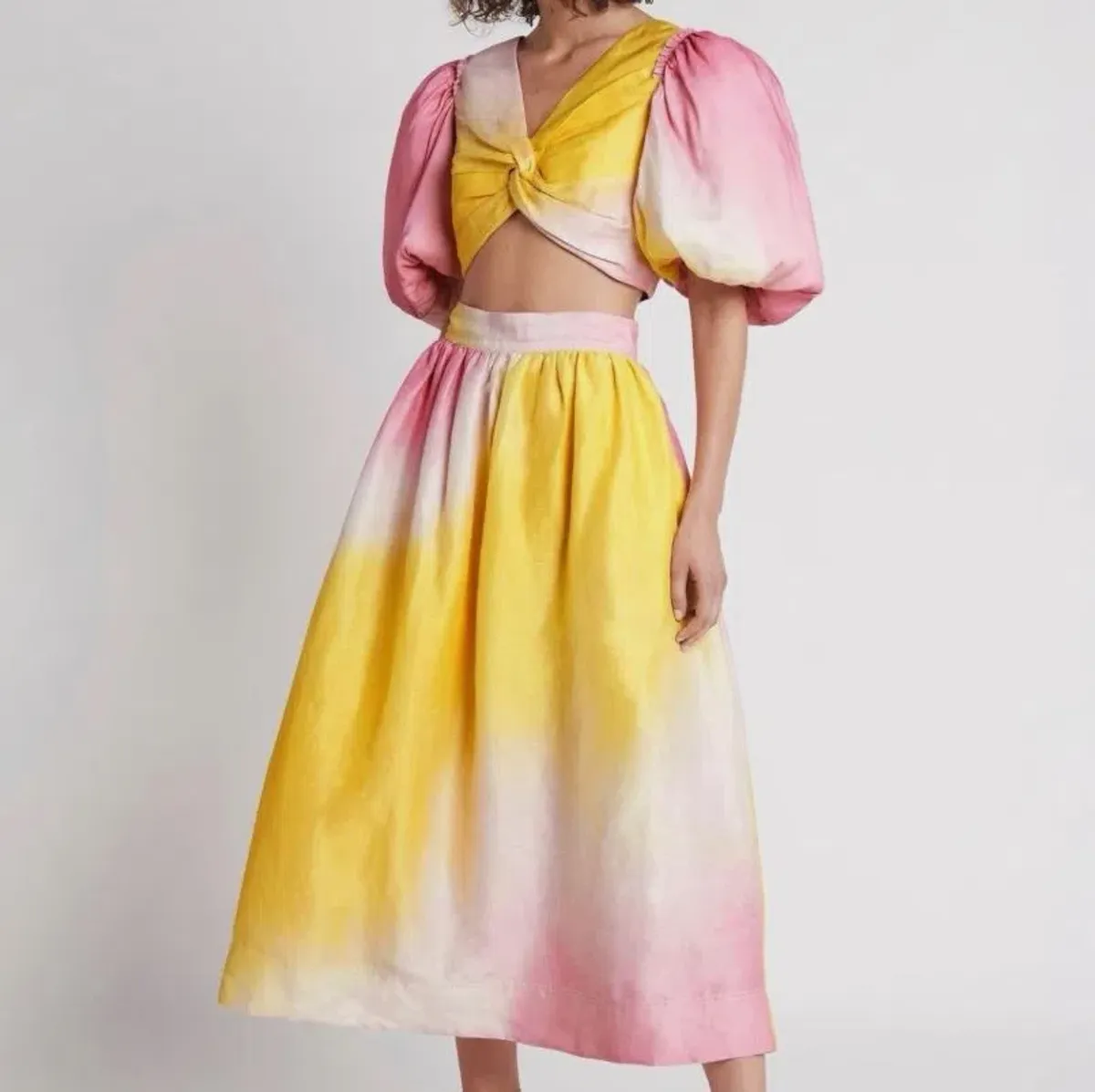 AJE Cloud Burst Cropped Top & Midi Skirt Set Ombre Pink & Yellow SZ 8 - Image 2