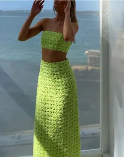 AJE Quintette Lattice Chiffon Bandeau Top & Skirt Set Lime Green SZ 8 for rent on The Volte - image 6