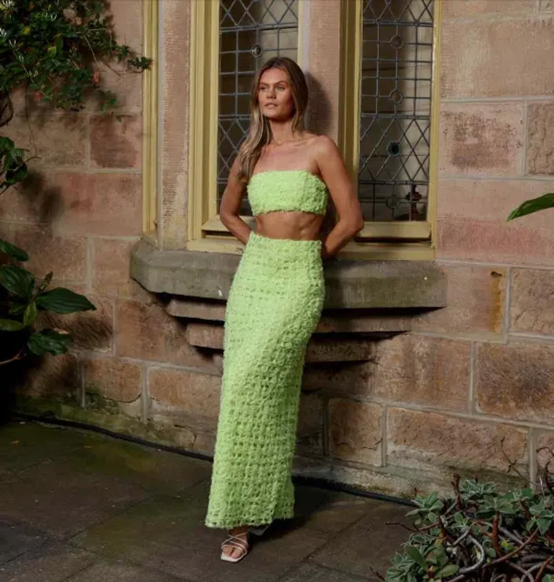 AJE Quintette Lattice Chiffon Bandeau Top & Skirt Set Lime Green SZ 8 for rent on The Volte - main image