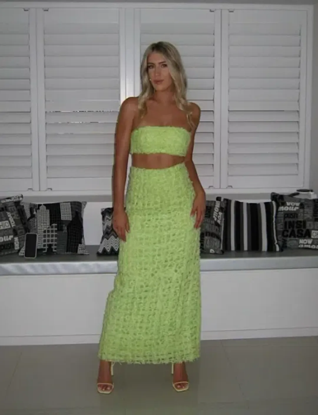 AJE Quintette Lattice Chiffon Bandeau Top & Skirt Set Lime Green SZ 8 for rent on The Volte - main image