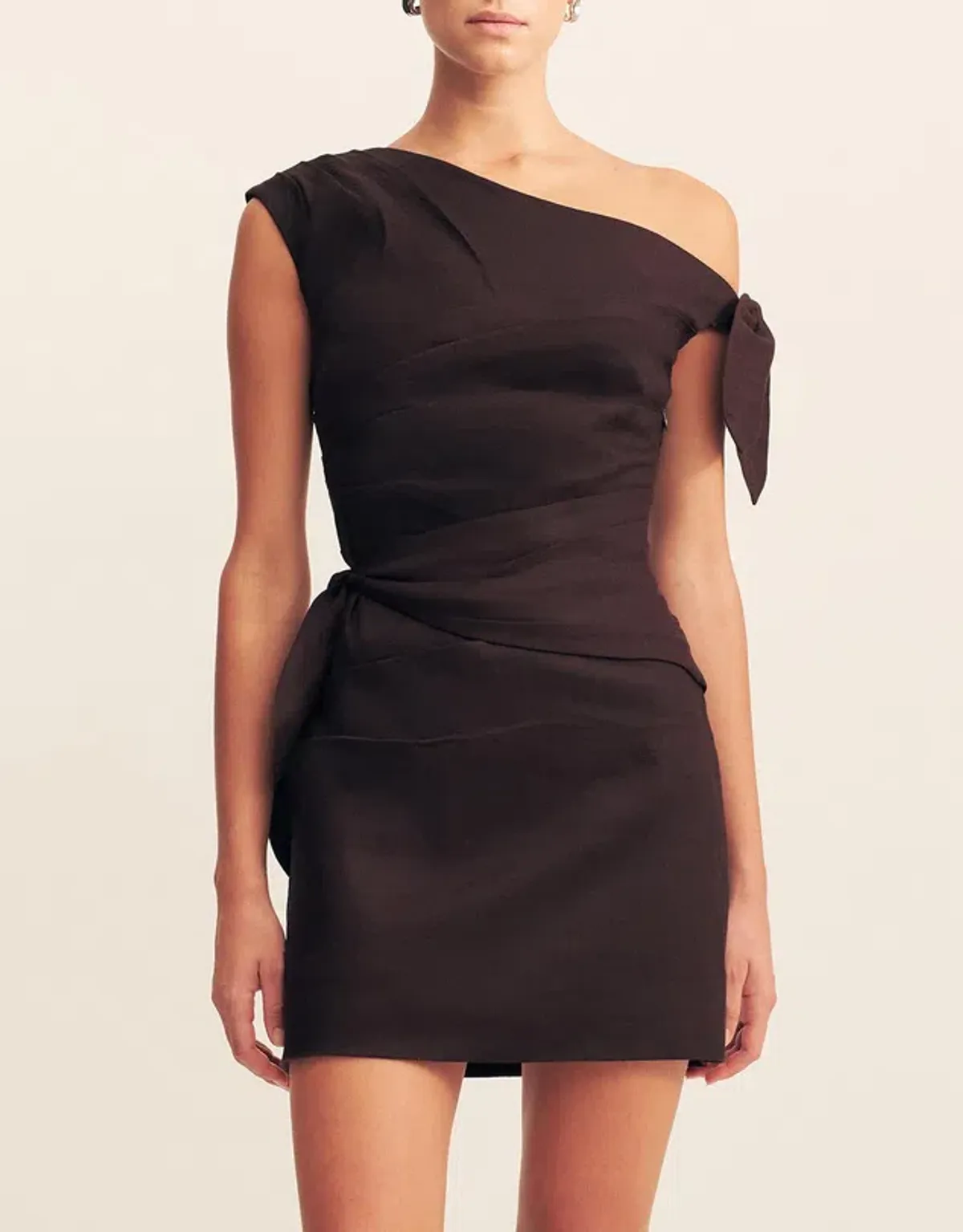 Shona Joy Brooks Asymmetrical Tie Mini Dress in Ganache - size 6 - Image 5