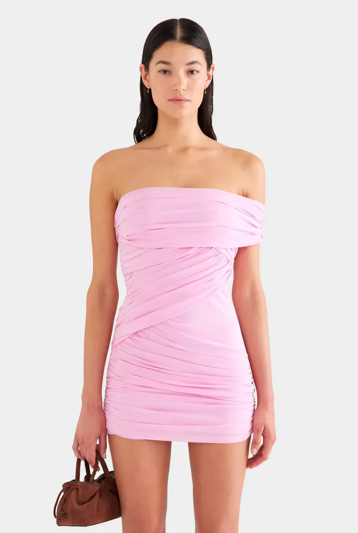 VENROY One Shoulder Silk Bandeau Mini Dress In Pink for rent on The Volte - main image