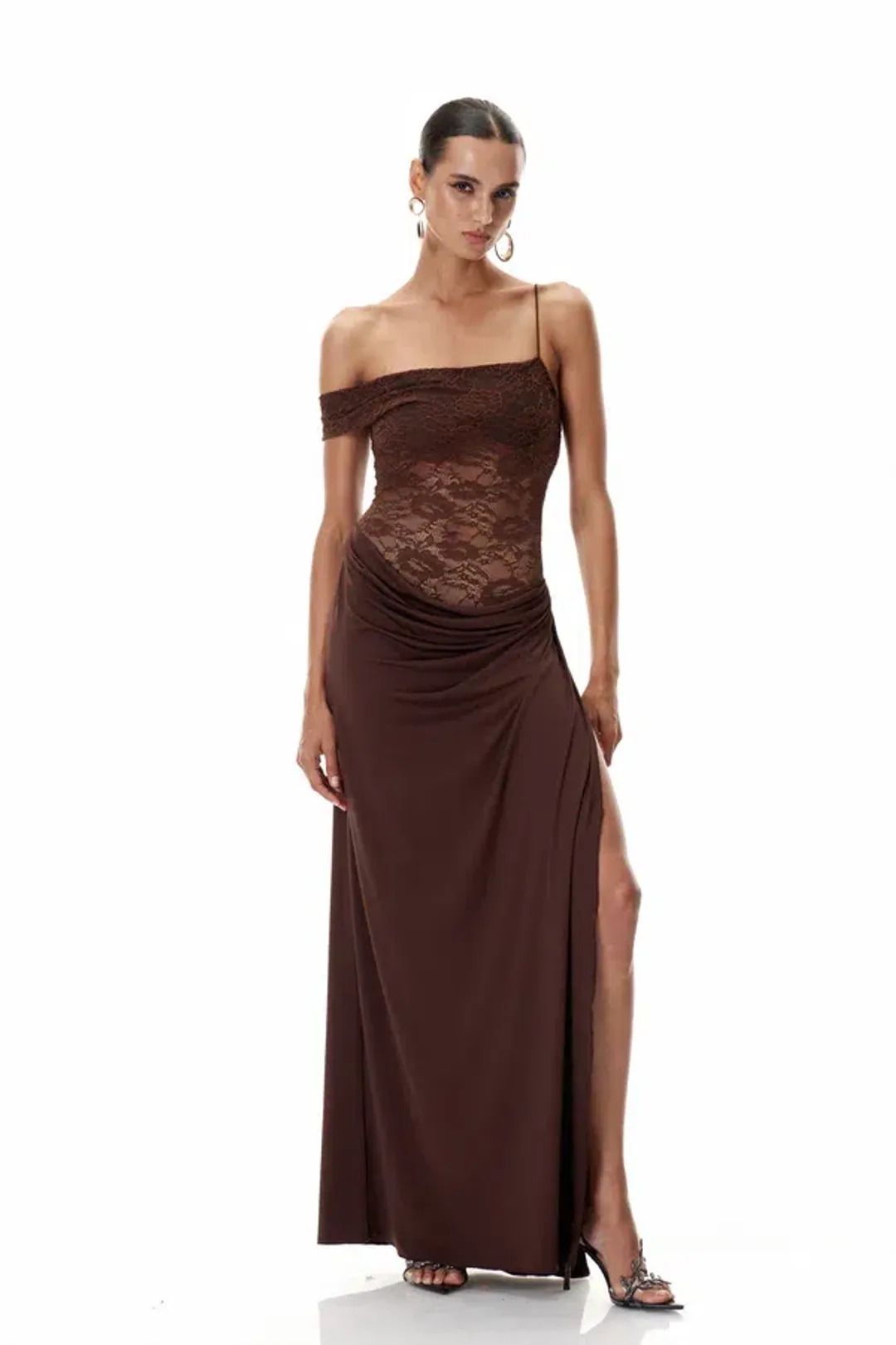 Innovare Denim Chenda Lace Asymmetric Maxi Brown Size M for rent on The Volte - main image