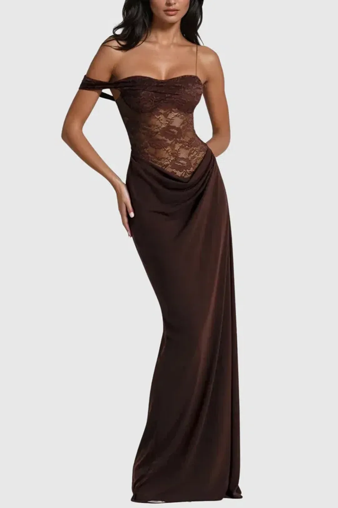 Innovare Denim Chenda Lace Asymmetric Maxi Brown Size M for rent on The Volte - main image
